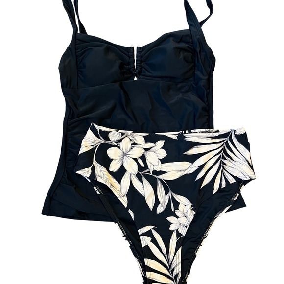 CupShe Black Floral Tankini Swimsuit Set High Waisted Bottoms - Picture 1 of 4